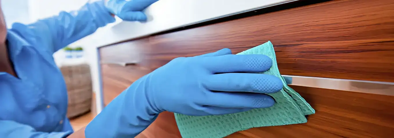 Cleaner wearing blue gloves wiping a wooden cabinet drawer with a microfiber cloth for dust and grime removal, Jersey City, NJ.