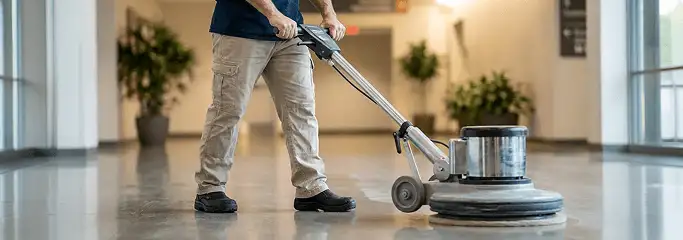 Professional technician using an industrial floor buffer to polish and maintain shiny commercial flooring in a corporate hallway in Jersey City, NJ.