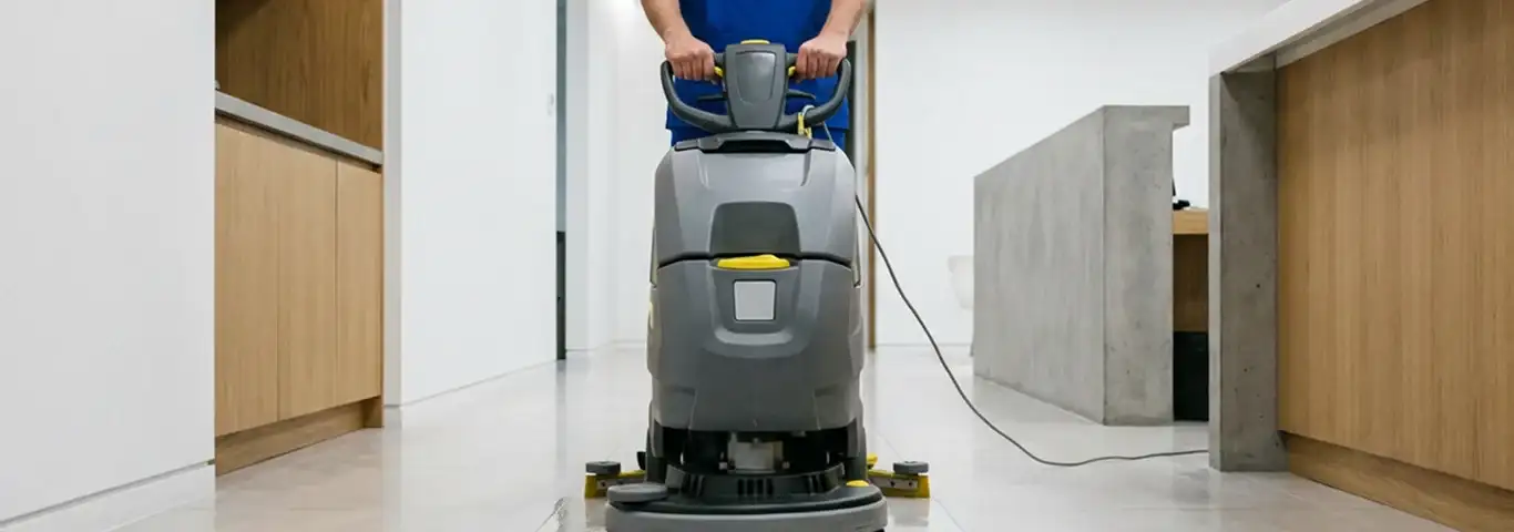Janitorial staff using a floor scrubber machine to clean a commercial hallway, Jersey City, NJ.
