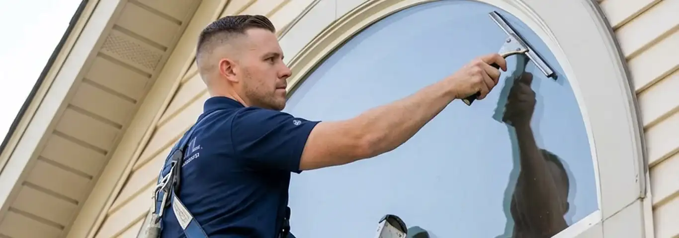 Professional window cleaner using a squeegee to clean an exterior arched window on a home, Jersey City, NJ.