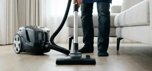 Professional house cleaner vacuuming a living room floor with a canister vacuum cleaner, Jersey City, NJ.