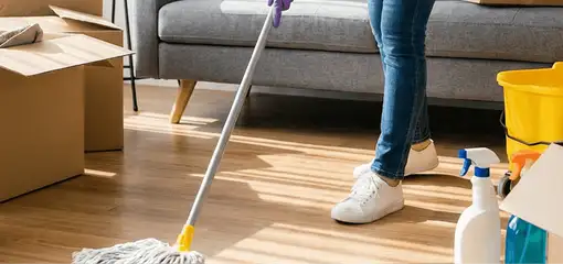 Move-out cleaning setup with a cleaner mopping hardwood floors near moving boxes and cleaning supplies, Jersey City, NJ.