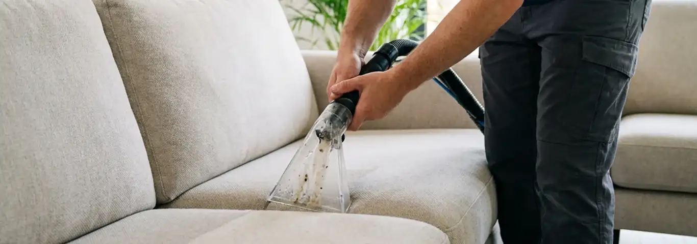 Technician extracting dirt and moisture from a fabric sofa with an upholstery cleaning wand, Jersey City, NJ.