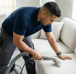Professional upholstery cleaning technician using an extraction wand to deep-clean a fabric sofa, Jersey City, NJ.