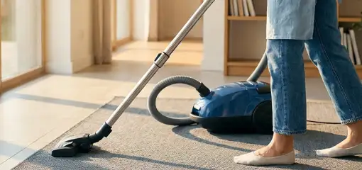 Person vacuuming a living room rug with a canister vacuum cleaner near large windows, Jersey City, NJ.